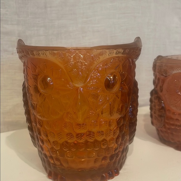 Vintage Amber Glass Owl Candle Holders - Picture 2 of 4